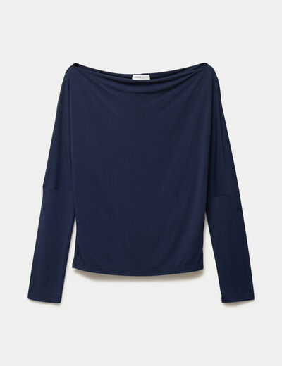 T-shirt col bateau manches longues bleu marine femme