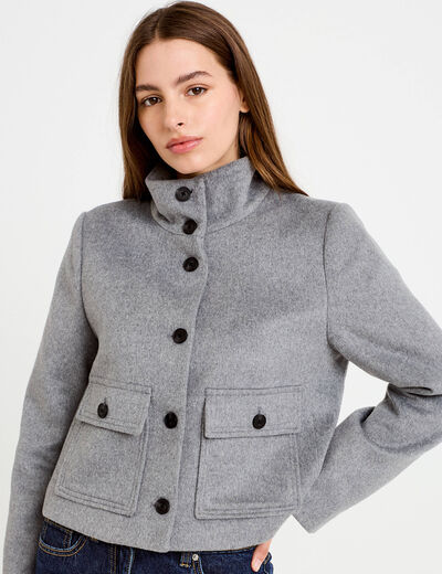 Veste courte aspect laineux gris femme