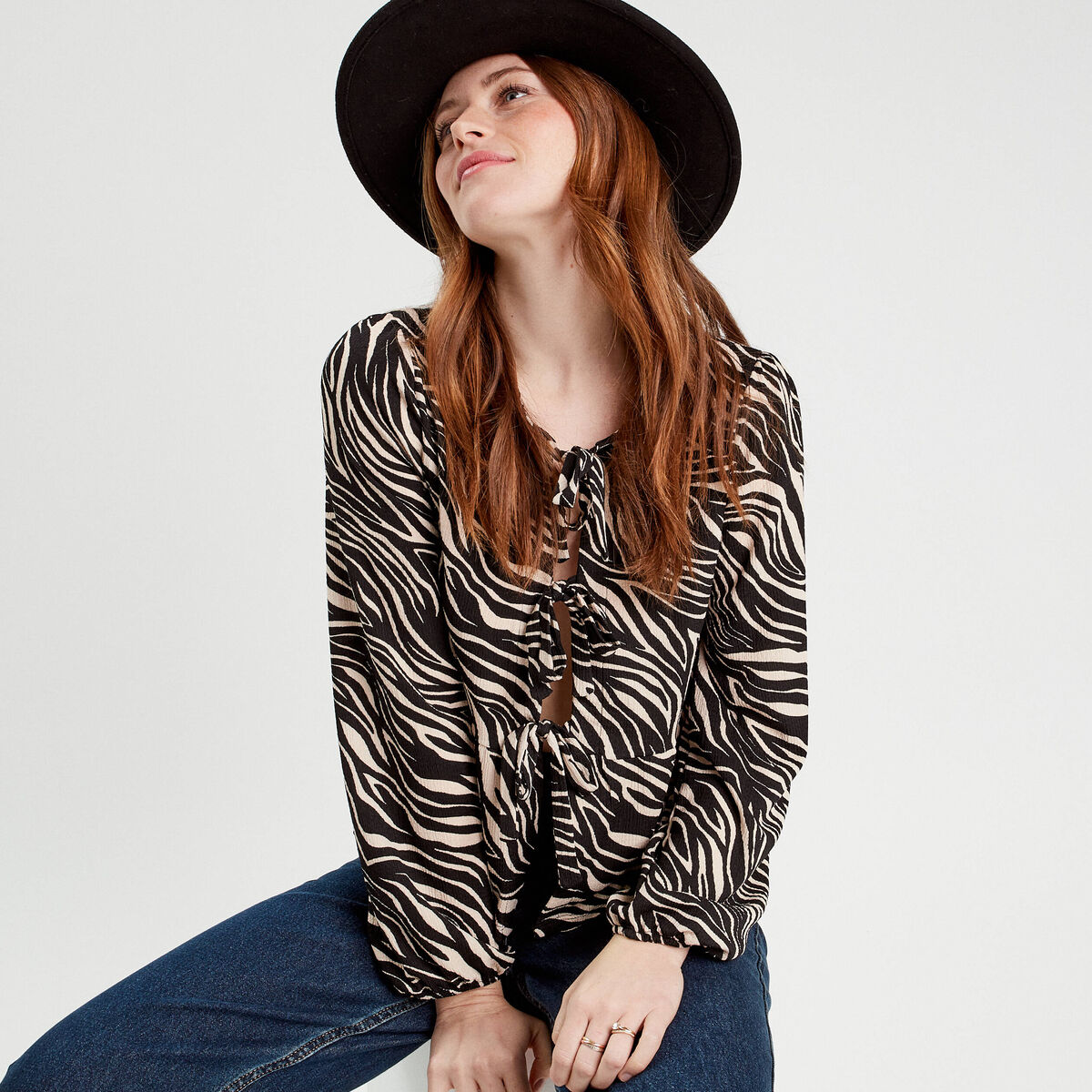 Blouse nouée manches longues noir femme