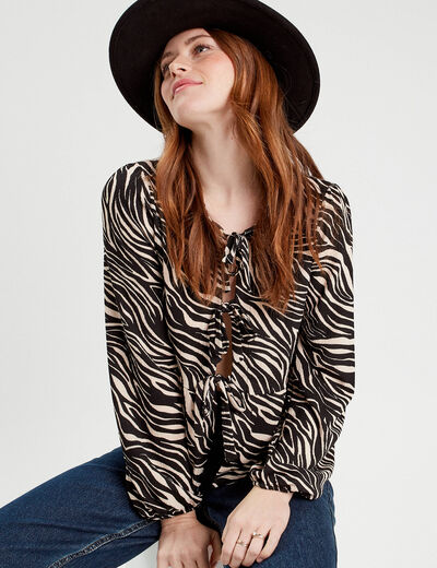 Blouse nouée manches longues noir femme