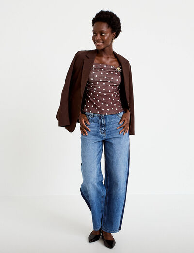 Top pliss&eacute; col bardot sans manches marron femme