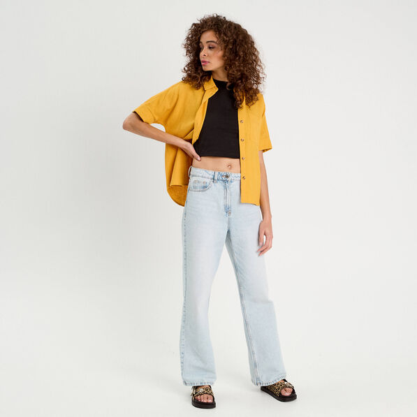 chemise manches courtes contenant du lin jaune citron femme Chemise manches courtes contenant du lin jaune citron femme