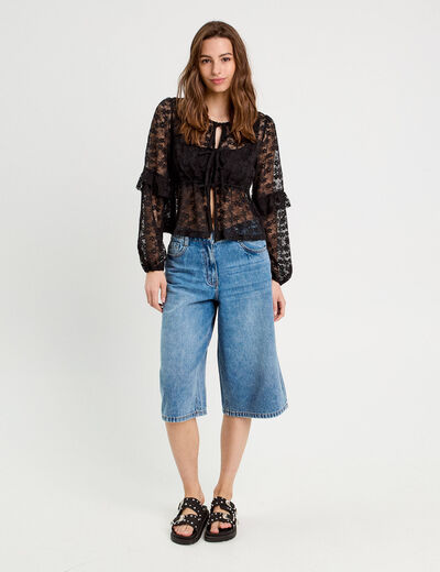 Blouse manches longues noeuds noir femme