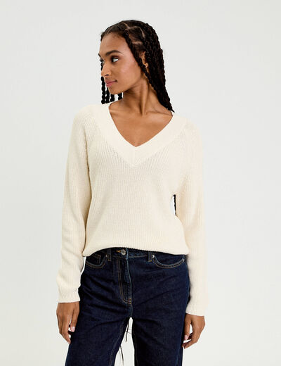 Pull col v manches longues ivoire femme