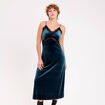 Robe longue en velours d&eacute;tails dentelle bleu canard femme