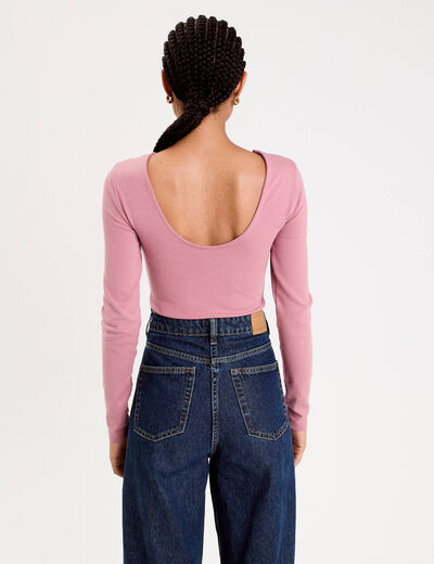 Body cintr&eacute; manches longues bateau vieux rose femme