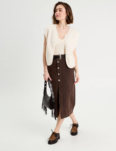 Jupe midi droite en jean marron foncé femme
