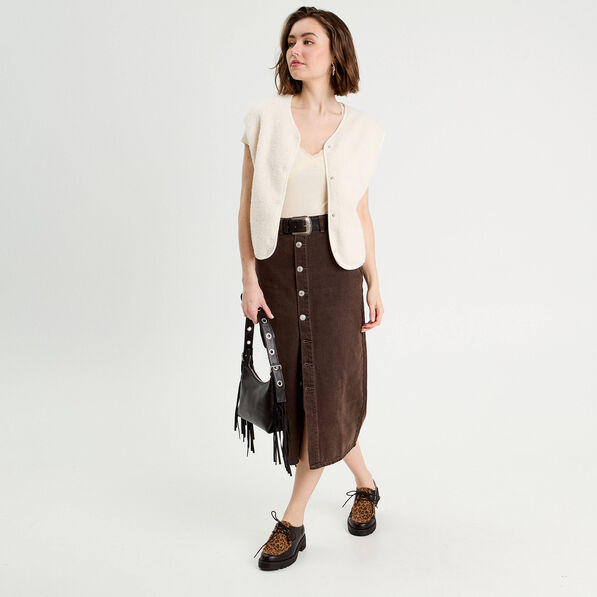 jupe midi droite en jean marron fonce femme Jupe midi droite en jean marron foncé femme