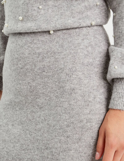 Jupe tricot midi droite gris clair femme