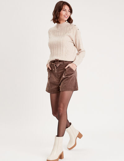 Pull col montant avec torsades sable femme