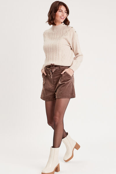 Pull col montant avec torsades sable femme
