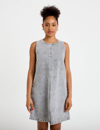 Robe courte &eacute;vas&eacute;e en jean sans manches denim gris femme