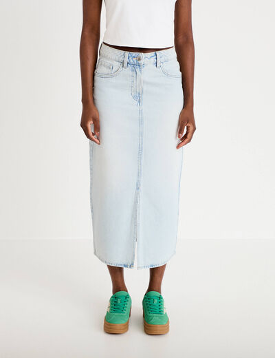 Jupe droite midi en jean 5 poches denim bleach femme