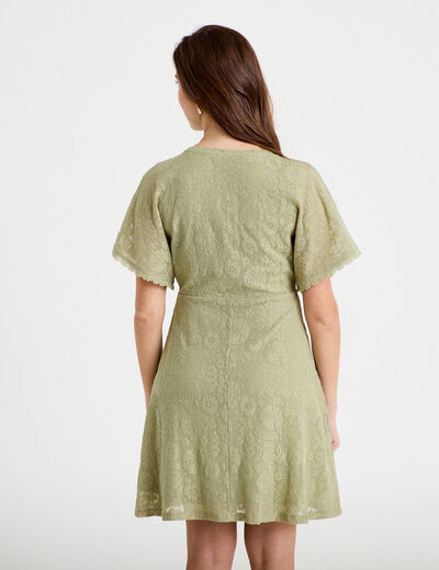 Robe courte &eacute;vas&eacute;e col v dentelle vert kaki femme