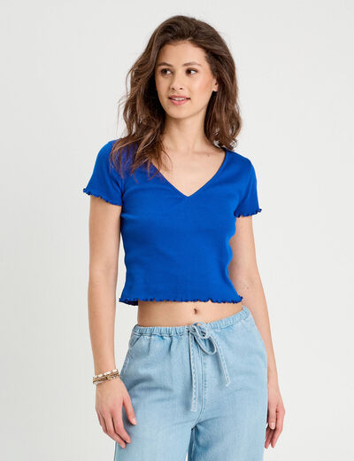 T-shirt côtelé manches courtes bleu electrique femme