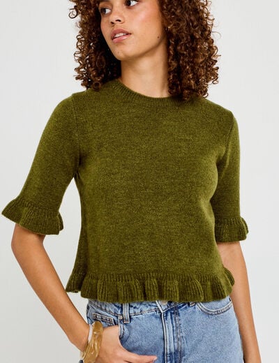 Pull col rond manches courtes vert fonc&eacute; femme