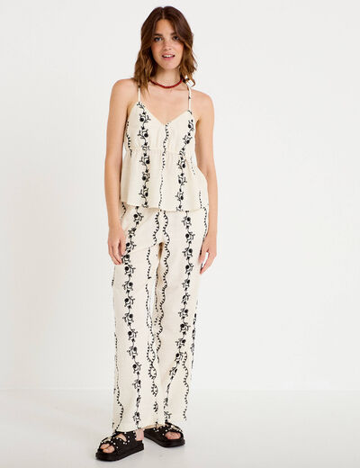 Top col v fines bretelles brod&eacute; blanc femme