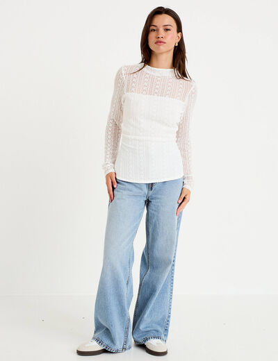 Top ajust&eacute; col montant dentelle ecru femme