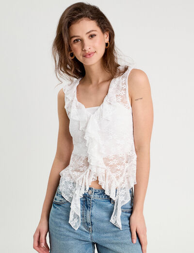 Débardeur dentelle et volants blanc femme