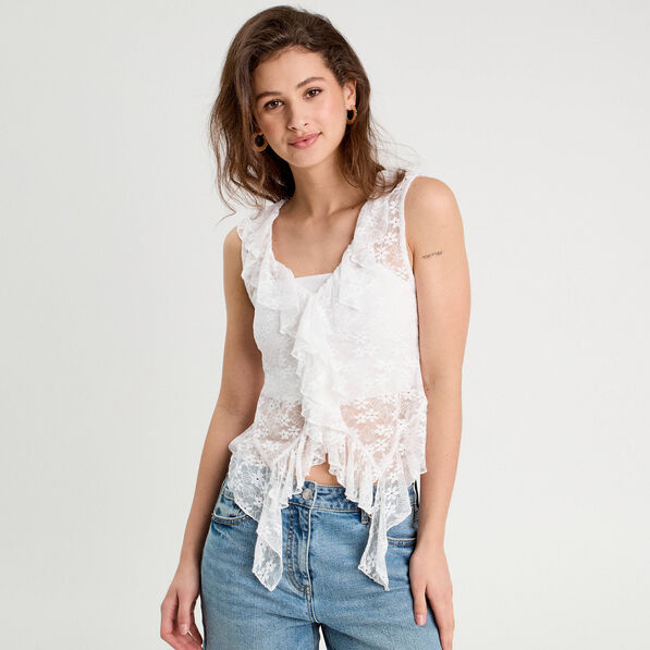 Débardeur dentelle et volants blanc femme