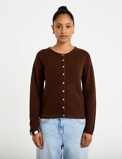 Gilet ajour&eacute; manches longues dentelle marron fonc&eacute; femme