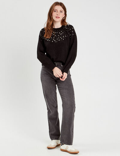 Pull perles et détails bijoux noir femme