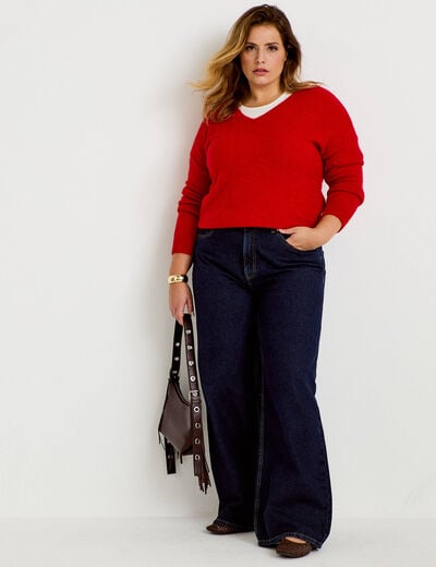 Pull avec col en V rouge femme