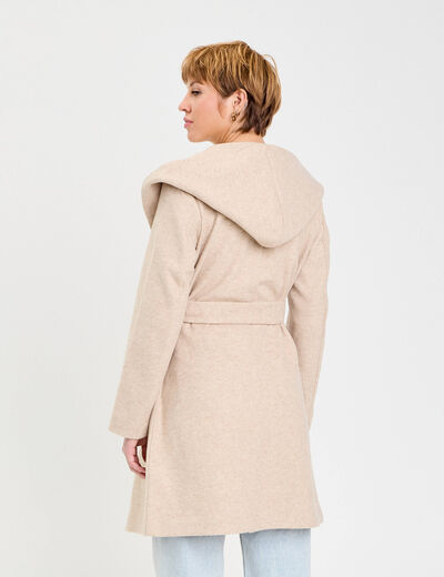 Manteau ceintur&eacute; &agrave; capuche beige femme