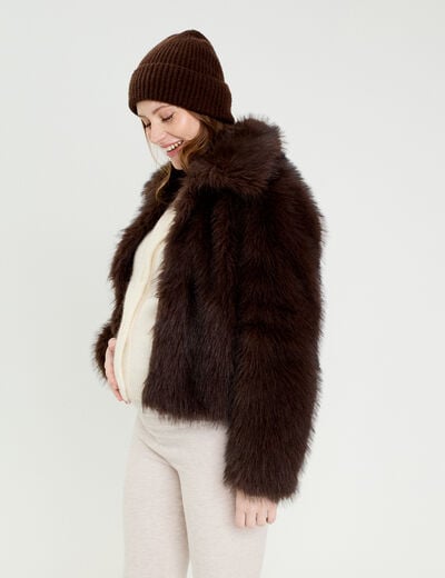 Veste courte en fausse fourrure marron fonc&eacute; femme