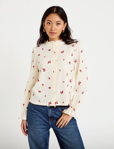 Chemise droite broderie manches longues ecru femme