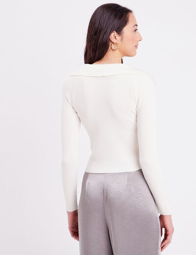 Gilet cropped zippé col bardot ecru femme
