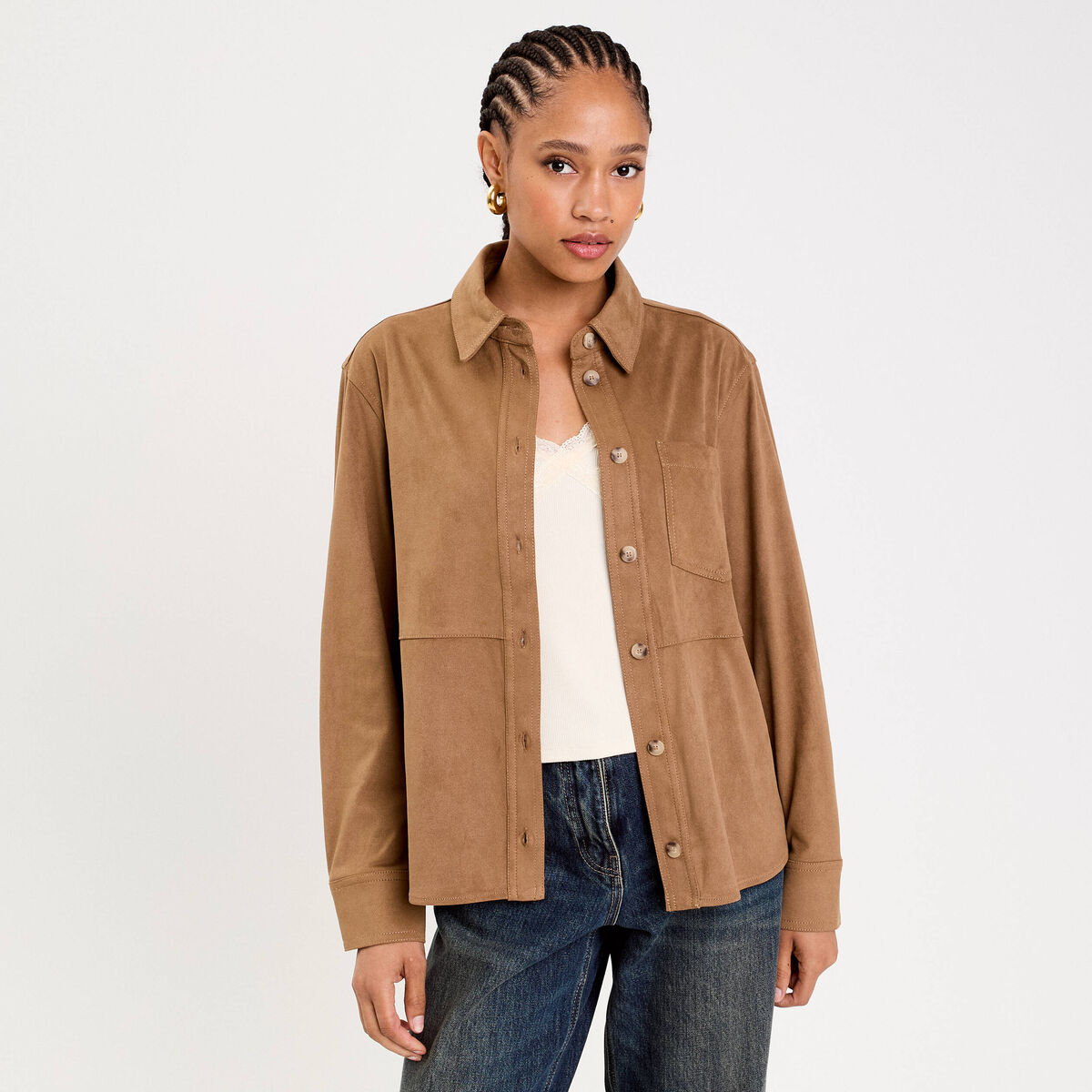 Chemise aspect daim marron clair femme