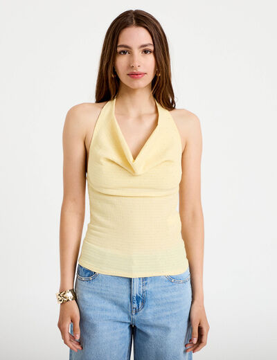 Top ajust&eacute; sans manches col b&eacute;nitier jaune pastel femme