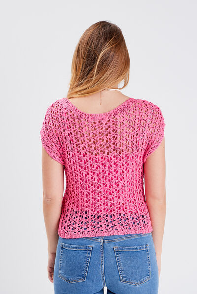 Pull manches courtes ajouré rose fluo femme