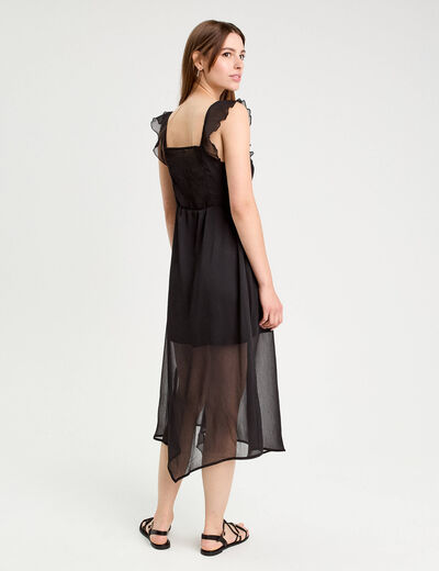 Robe longue évasée volants noir femme