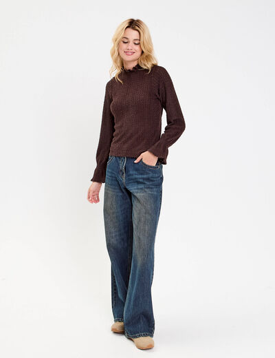Blouse ajour&eacute;e manches longues marron fonc&eacute; femme