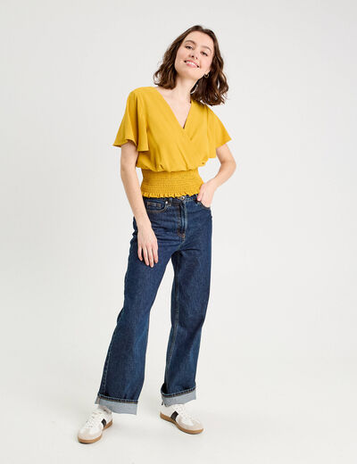 Blouse smockée manches courtes jaune citron femme