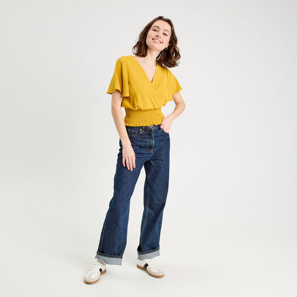 blouse smockee manches courtes jaune citron femme Blouse smockée manches courtes jaune citron femme