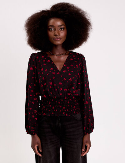 Blouse courte taille smock&eacute;e noir femme