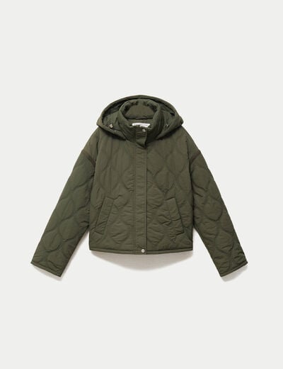 Veste droite &agrave; capuche manches longues vert kaki femme