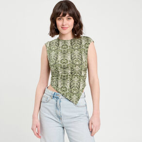 T-shirt asymétrique vert kaki femme
