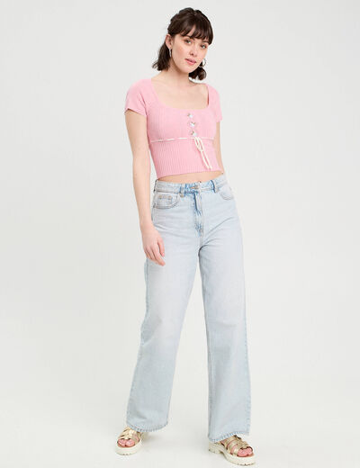 Pull cropped brodé rose poudrée femme