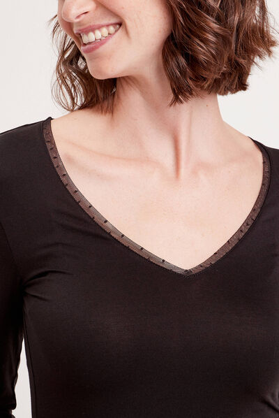 T-shirt thermique col en V noir femme