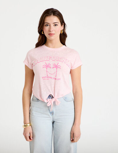 T-shirt droit cropped manches courtes rose clair femme