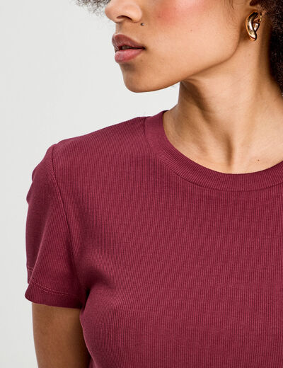 T-shirt manches courtes côtelé prune femme