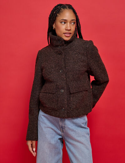 Veste droite bouclette col montant marron fonc&eacute; femme