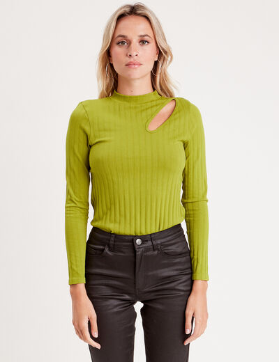 T-shirt côtelé avec ouverture vert anis femme
