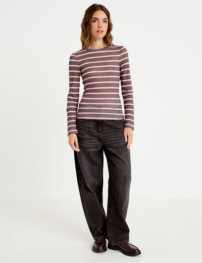 T-shirt ajust&eacute; col rond manches longues marron fonc&eacute; femme