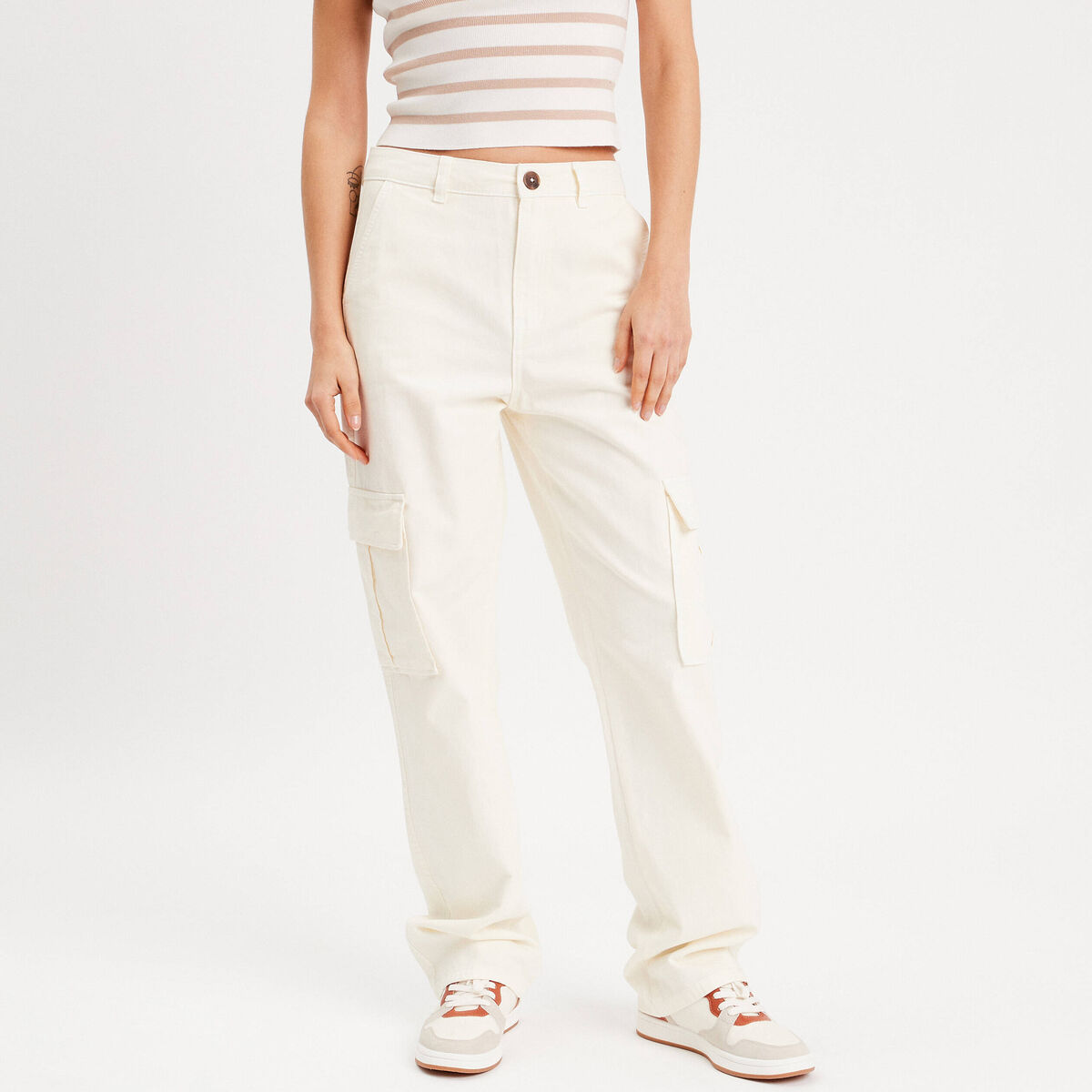 Pantalon large cargo ecru femme