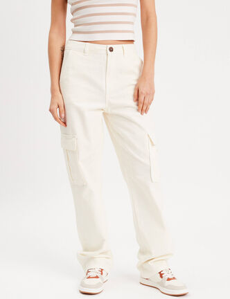 Pantalon large cargo ecru femme